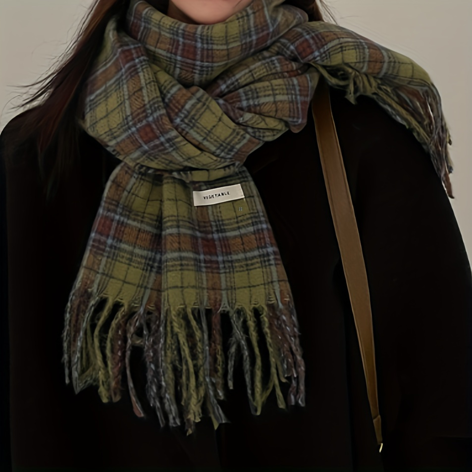 Vintage Green Plaid Tassel Sca - Cashmere Scarf Wrap incelemesi ve fiyatı